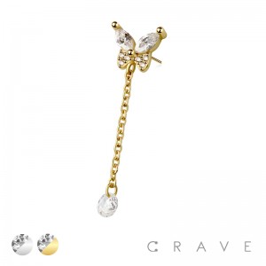 316L SURGICAL STEEL THREADLESS PUSH IN BUTTERFLY ROUND BEZEL CHAIN CZ TOP PART